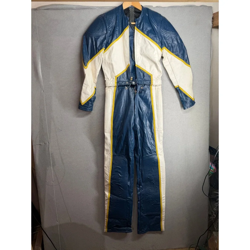 Vintage Leather Motorcycle Racing Suit Blue White Yellow handmade Jumpsuit